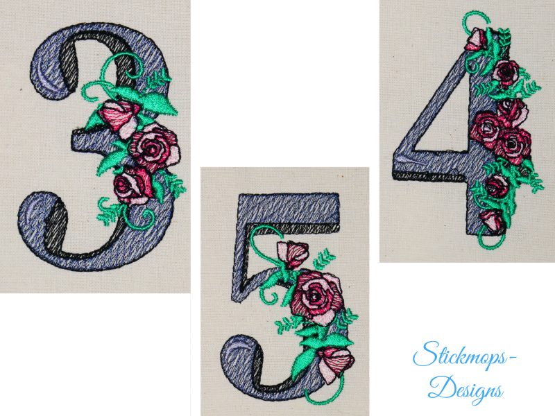 Preview: Stickdatei Set Blumenzahlen (Vollstick), Fotos zeigen die Zahlen 