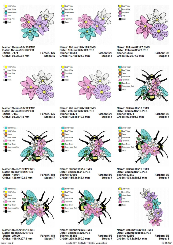 Preview: Übersicht Stickdatei Biene Vollstick Florale Motive Teil 1