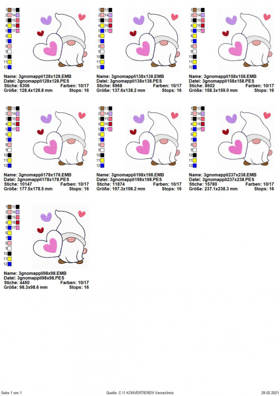 Preview: Stickdatei Lovegnome 3 Doodle-Applikatio, Übersicht mit 7 Dateien. Jeweils Gnom, der ein Herz hält und von Herzchen umgeben ist.