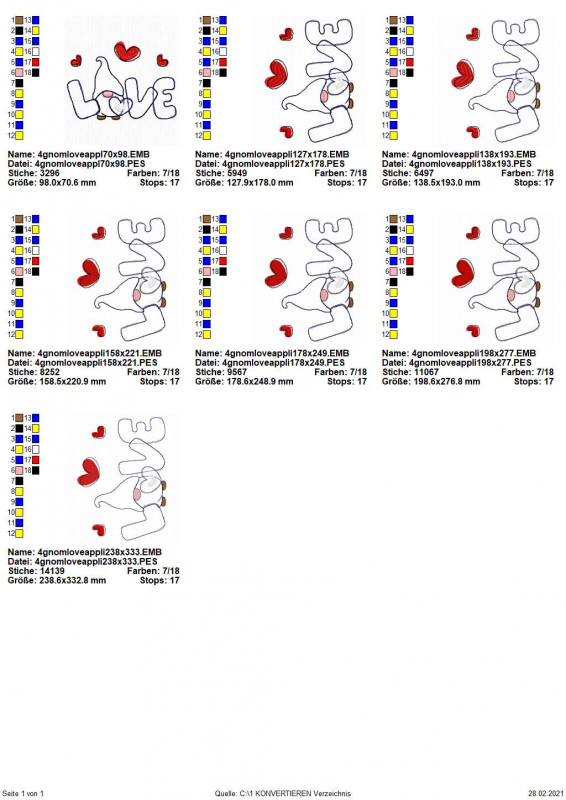 Preview: Stickdatei Lovegnome 4 Doodle-Applikation, Übersicht über 7 Dateien. Alle Schriftzug 