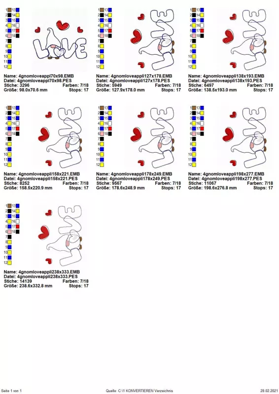 Stickdatei Lovegnome 4 Doodle-Applikation, Übersicht über 7 Dateien. Alle Schriftzug "LOVE" mit Herzchen, wobei der Buchstabe "O" durch einen Gnom dargestellt wird.