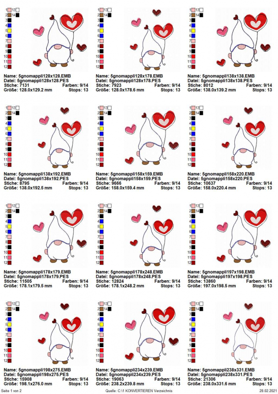 Preview: Stickdatei Lovegnome 5 Doodle-Applikation, Übersicht mit 12 Dateien mit diversen Varianten.Gnom mit Herzluftballon, umgeben von Herzchen.