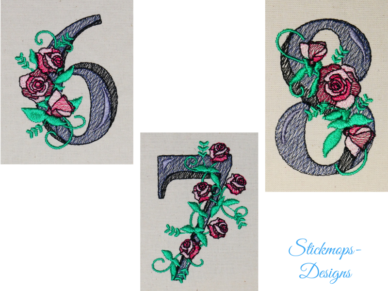 Preview: Stickdatei Set Blumenzahlen (Vollstick), Fotos zeigen die Zahlen 