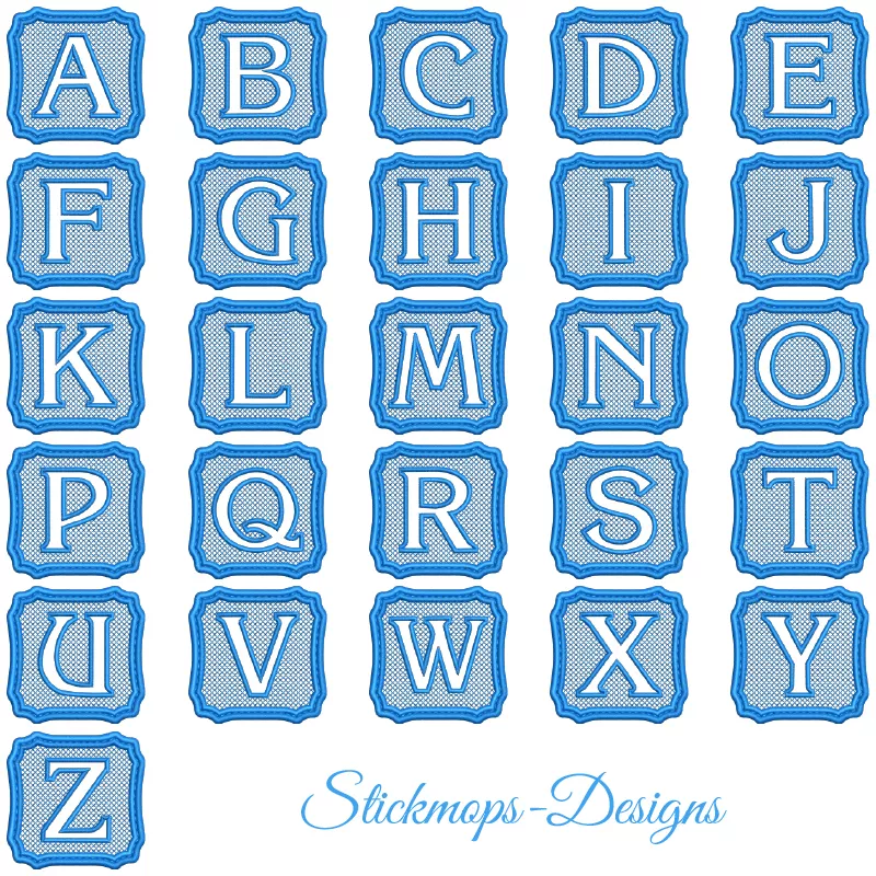 Stickdatei Set Monogramme Elegant geeignet für Frottierwaren, Abbildung mit komplettem Alphabet in einzelnen Großbuchstaben. Farbe ist immer blau-weiß.