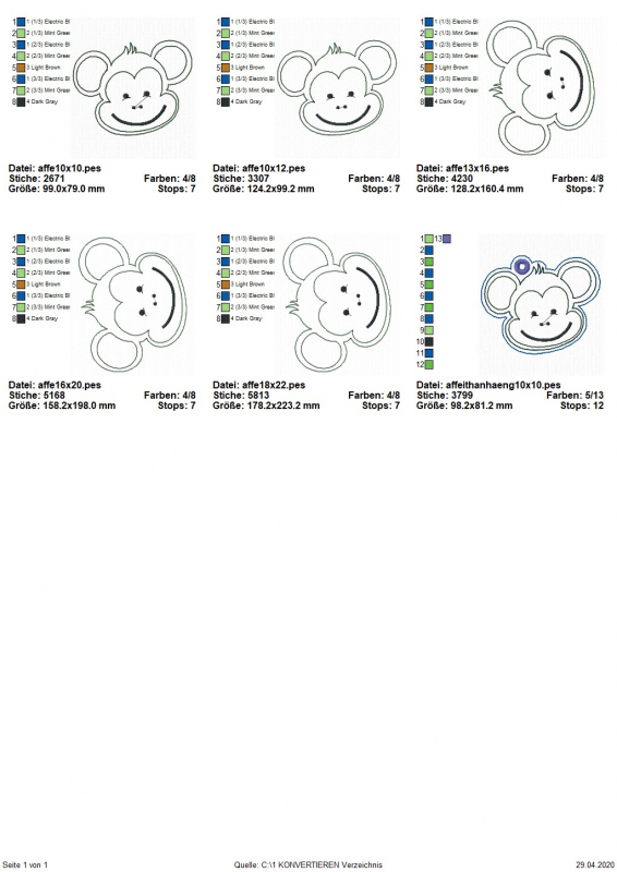 Stickdatei Affe Applikation in 5 Größen + ITH Anhänger, Übersicht mit 6 Dateien. 1 mal für garngeösten Anhänger Affenkopf; 5 mal für Affenkopf-Applikation.