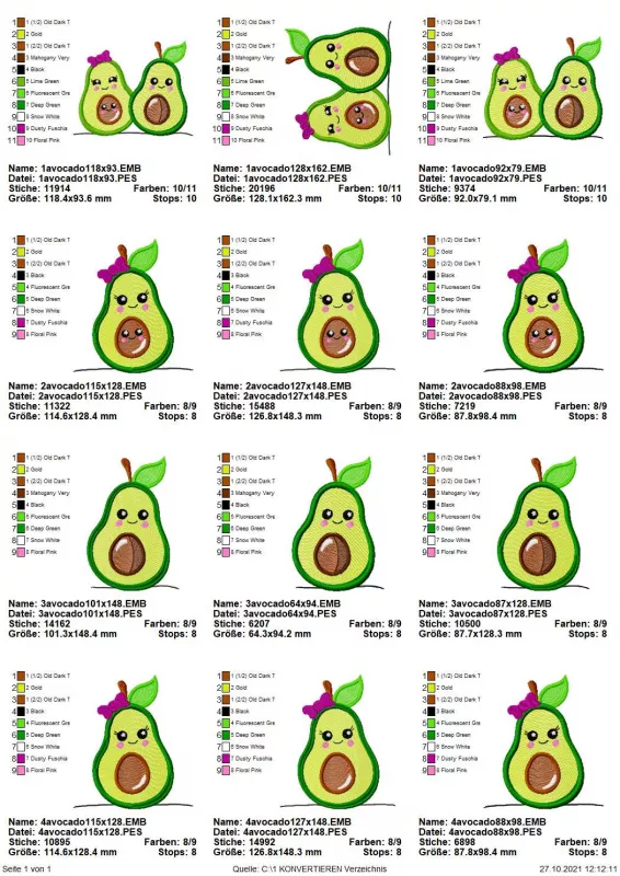 Stickdatei Set Sweet Avocados, Übersicht über 12 Dateien, dabei 3 mal 2 unterschiedliche Früchte mit Kern nebeneinander, 9 mal eine einzelne unterschiedlichen Designs. Alle in grün gehalten mit braunem Kern im Inneren und mit Schleife und Stiel und mit Bl