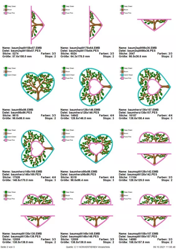 Stickdatei Set Monogramm Motiv Baum inkl. ITH Schild, Übersicht mit 12 Dateien. 5 mal baumbesticktes Herz, dabei 4 mal im Zentrum zusätzliches kleines Herz. 3 mal untere Hälfte eines quer geteilten baumbestickten Herzens. 4 mal baumbesticktes Herz, in der