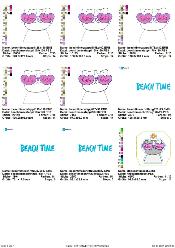 Preview: Stickdatei Set Beach Time Cat Doodle Applikation inkl. ITH Anhänger, Übersicht mit 9 Dateien. 1 mal für Anhänger Katzenbüste; 5 mal Katzenbüste für Applikation, 3 mal Schriftzug 