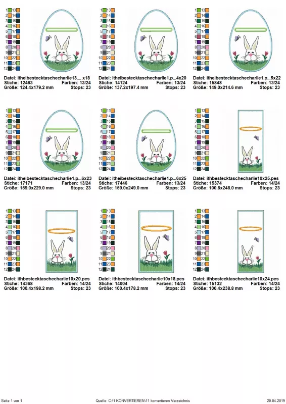 Stickdatei Set Besteck- u. Geschenktasche Charlie rechteckig und eiförmig (13x18 oder Größer), Übersicht mit 9 Dateien. 5 mal Ostereiform mit Hase; 4 mal Hochkanttasche mit Hase.
