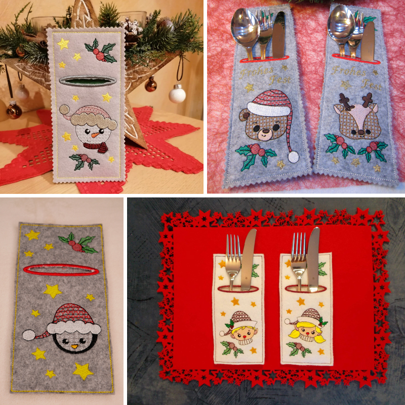 Stickdatei Set ITH Bestecktaschen Christmas Faces