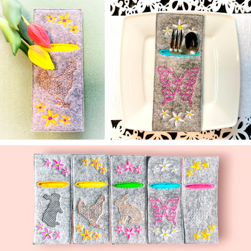 Preview: Stickdatei Set ITH Bestecktaschen mit Frühlingsmotiven (4 Größen)