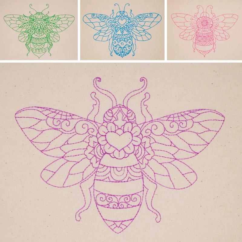 Bunte Bienen in Lineart / Redwork Stil ausgestickt.
