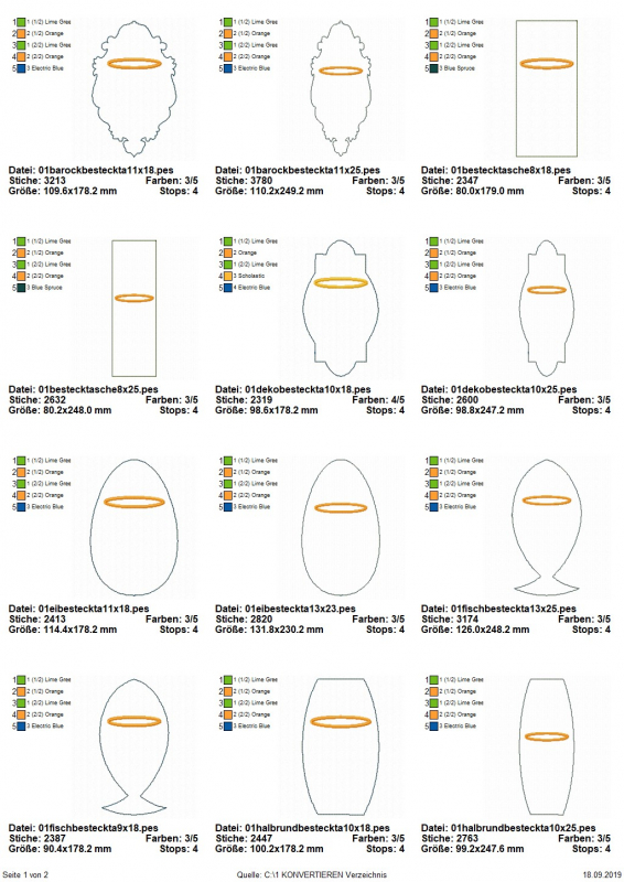 Stickdatei Set 12 ITH Bestecktaschen Blanko, Übersicht zeigt 12 Dateien für Taschen unterschiedlichen Formats. 2 mal Zierrahmenumriss; 2 mal rechteckig hochkant; 2 mal ovalartig, ausgezogene Spitzecken; 2 mal eiförmig; 2 mal Fischumriss; 2 mal oval mit ge