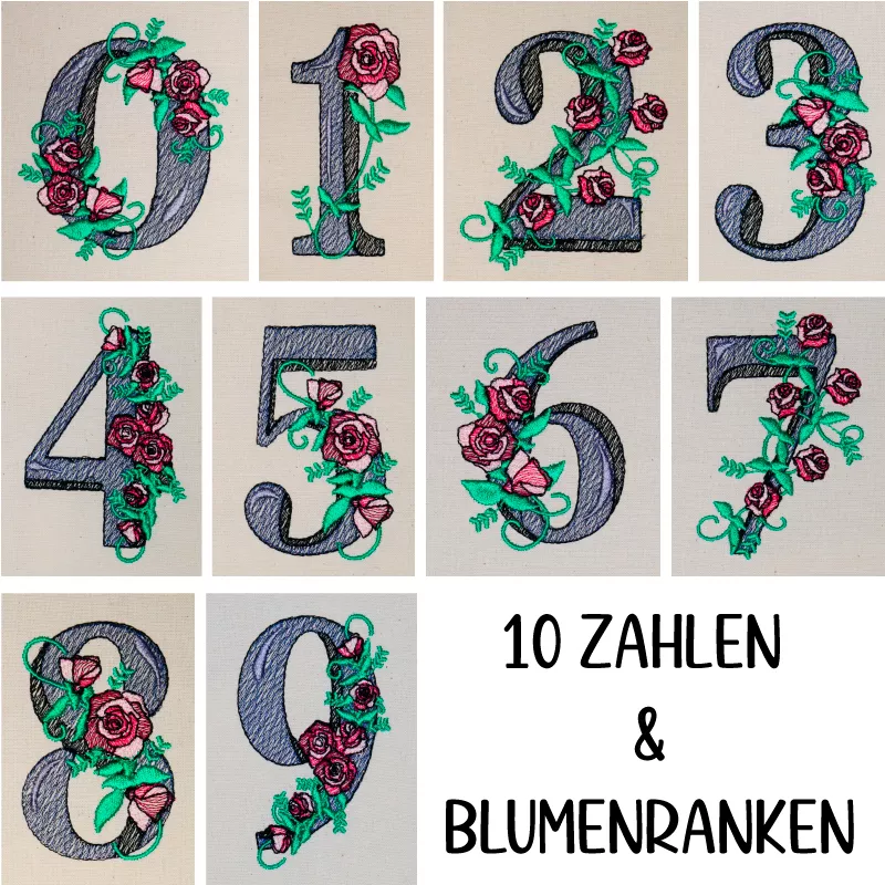 Ausgestickte Zahlen mit Rosenranken als Zierde.