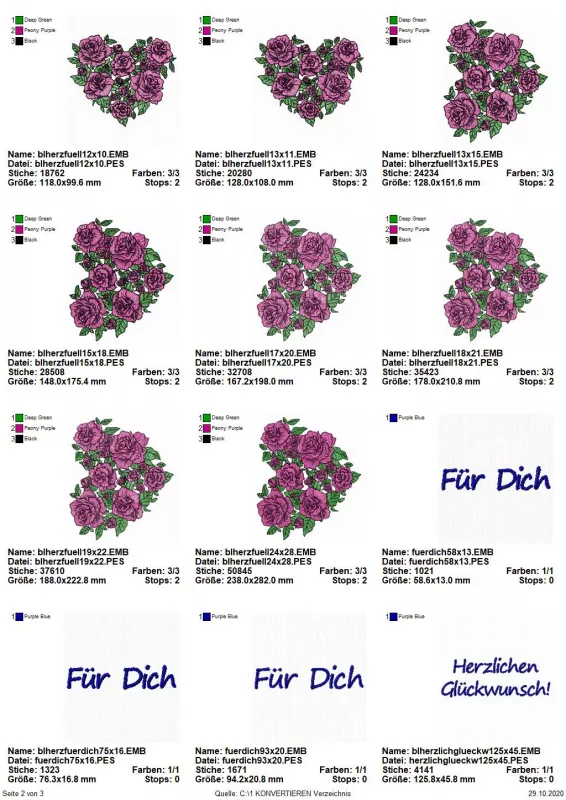 Stickdatei Blumenherz Lineart mit und ohne Vollstickflächen + einzelne Rose extra