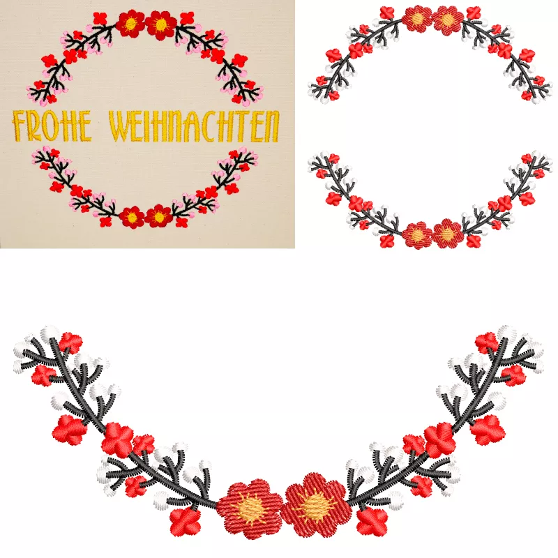 Weihnachtliche Blumenranke gestickt auf Baumwolle.