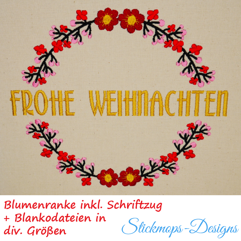 Preview: Stickdatei Set Blumenranke Blankodateien + mit Schriftzug Frohe Weihnachten (div. Größen), Foto zeigt auf hellen Untergrund gesticktes Motiv. 2 Blumenranken in rot-rosa-schwarz mit je 2 gelb-roten Blüten in der Mitte jeder Ranke bilden unterbrochenen Krei
