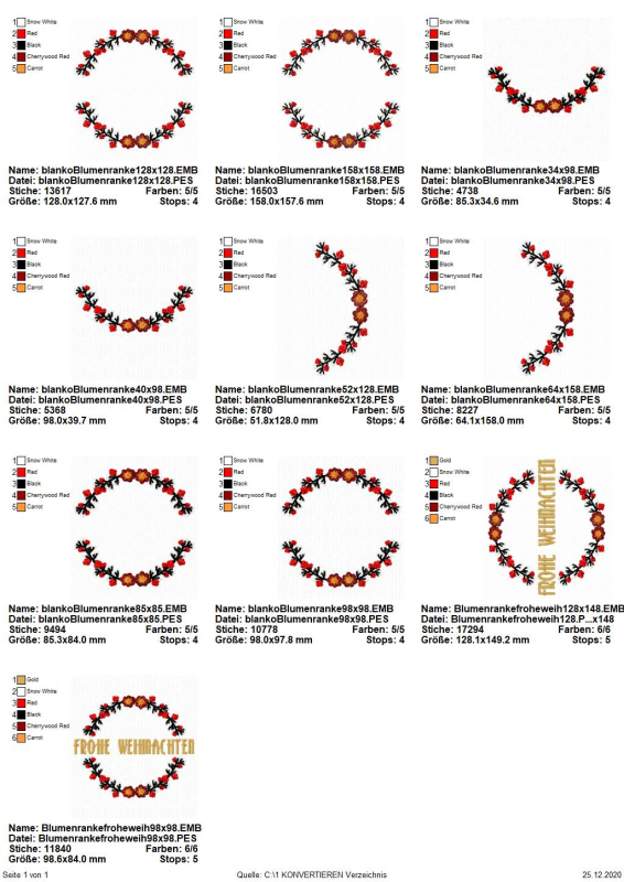 Preview: Stickdatei Set Blumenranke Blankodateien + mit Schriftzug Frohe Weihnachten (div. Größen), Übersicht mit 10 Dateien. 6 mal kompletter Blütenkreis mit Aussparungen für Schrift, davon 2 mal inklusive Schriftzug 