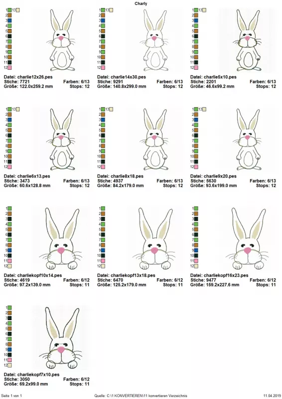 Stickdatei Set XXL Hase Charlie in 3 Variationen, Übersicht zeigt 10 Dateien. 6 mal mit stehendem Hasen, 4 mal mit Hasenkopf auf Vorderpfoten.