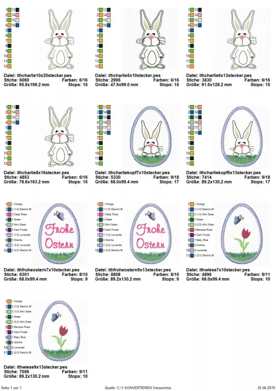 Stickdatei Set ITH-Stecker in Hasen- und Eiform, Übersicht mit 10 Dateien. 4 mal stehender Hase in Hasenumriss; 6 mal Osterei mit Innenbestickung (2 mal Hasenkopf; 2 mal Tulpe mit Schmetterling; 2 mal Schmetterling und Schriftzug "Frohe Ostern".