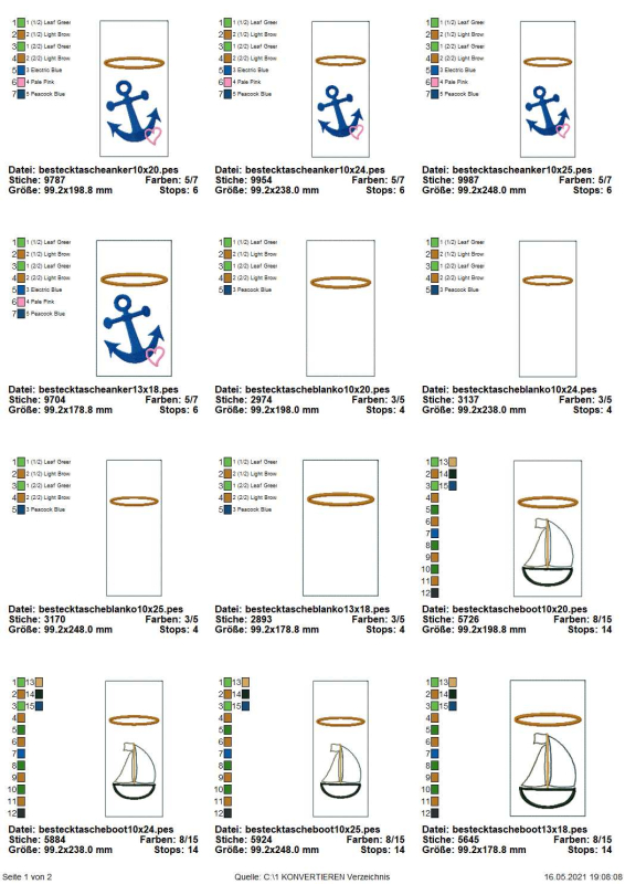Preview: Stickdatei Set 5 ITH Bestecktaschen mit christlichen Symbolen, Übersicht mit 12 Bestecktaschen. 4 mal blanko; 4 mal Anker; 4 mal Segelboot.