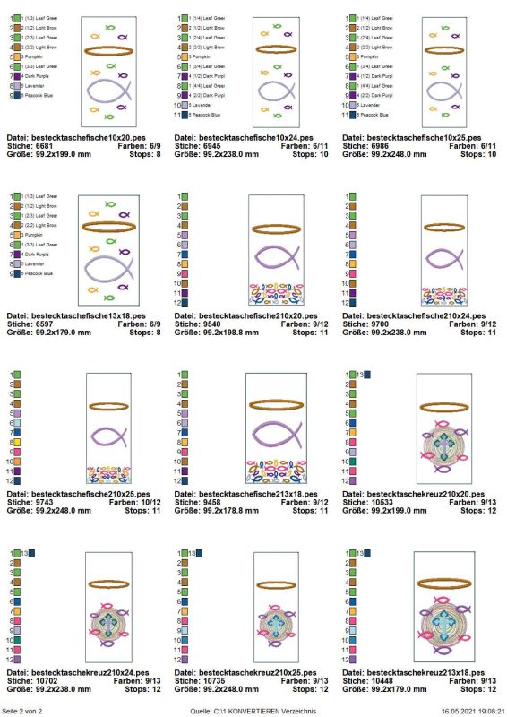 Preview: Stickdatei Set 5 ITH Bestecktaschen mit christlichen Symbolen, Übersicht mit 12 Taschen. 8 mal Fischsymbol, 2 Varianten. 4 mal Kreuz mit Fischen.
