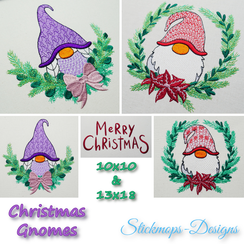 Stickdatei Christmas Gnomes mit Schriftzug Merry Christmas