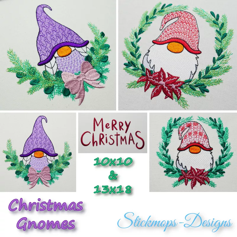 Stickdatei Christmas Gnomes mit Schriftzug Merry Christmas