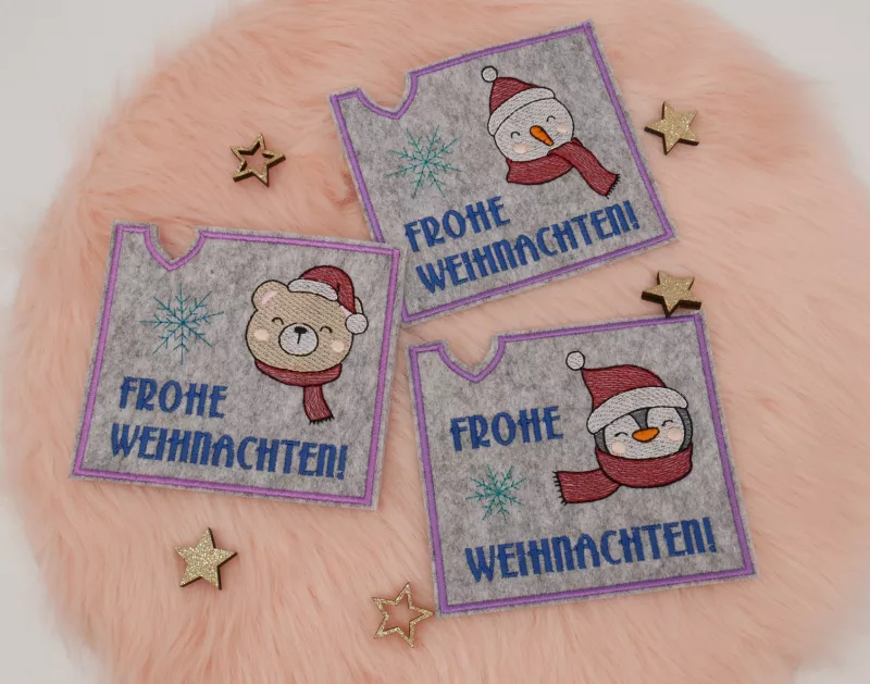 Stickdatei Set ITH Christmascover mit Bärchen, Schneemann und Pinguin.