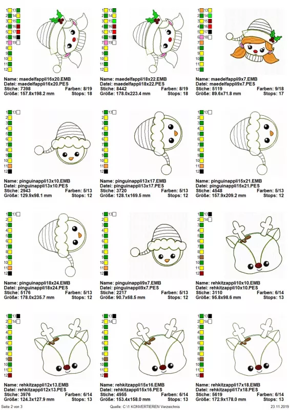 Stickdatei Set Christmas Faces Doodle-Applikationen, Übersicht mit 12 Dateien. 4 mal Rehkitzkopf; 3 mal Mädchenkopf mit Mütze; 5 mal Schneemannkopf mit Mütze.