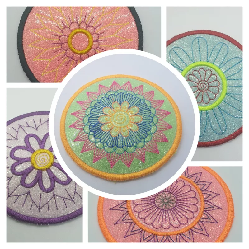 Stickdatei Set Mandala Coaster auf buntes Kunstleder gestickt.