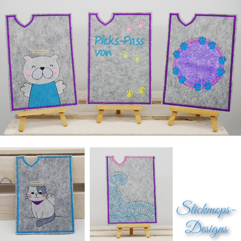 Preview: Stickdatei Set ITH TIERPASS-Hüllen 13 Designs (13x18), Abbildung mit 3 Fotos mit Hüllen in Hochkantformat aus grauem Filz mit Bestickung. 1 mal Hund; Kranz mit Pfotenabdrücken; Tierfußabdrücke mit Schriftzug 