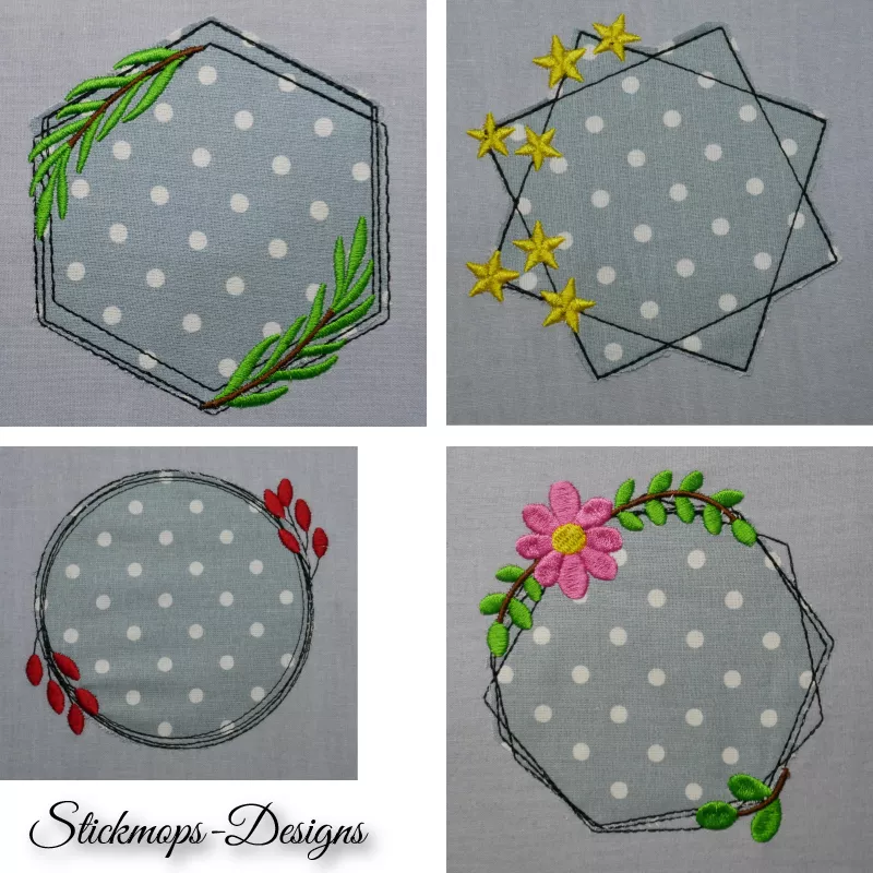 Stickdatei Set Floral Frames Doodle Applikationen, 4 Fotos mit
Applikationen grauer, weißgepunkteter Stoff auf grauem Untergrund. Unterschiedliche Abstickungen: Rund-beuliger Kranz mit Blüte und Blattzweigen; Sechseck mit Balttzweigen; Achteck aus 2 Quadr