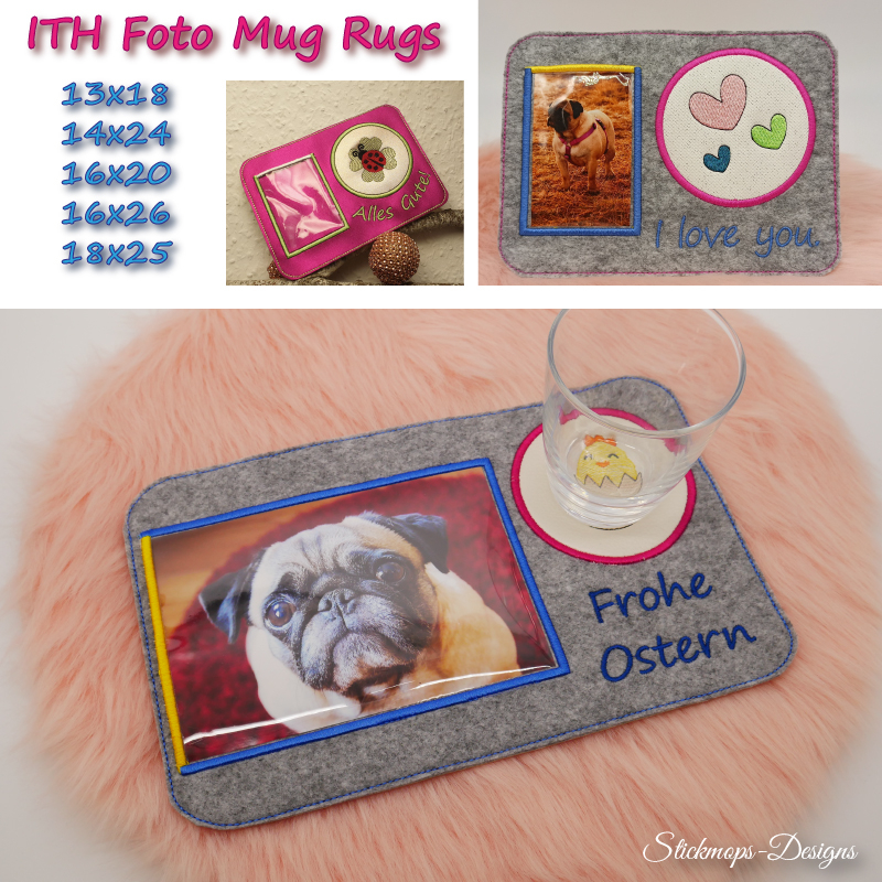 Preview: Stickdatei Set Foto Mug Rugs - Tassenteppich mit Einsteckfach ab 13x18 und größer