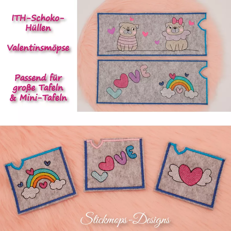 Stickdatei Set Valentinsmöpse ITH Geschenk- und Schokoladenhüllen, Foto mit 5 Designs, alle auf hellgrauem Filz. 2 längliche Hüllen mit männlichem und weiblichem Mops nebeneinander, beziehungsweise mit dem bunten Schriftzug "LOVE" und einem bunten Regenbo