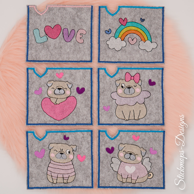 Preview: Stickdatei Set Valentinsmöpse ITH Geschenk- und Schokoladenhüllen, Foto mit 6 Designs auf Felluntergrund drapiert. Jeweils auf quadratischem Filzuntergrund gestickt. Bunter Schriftzug 