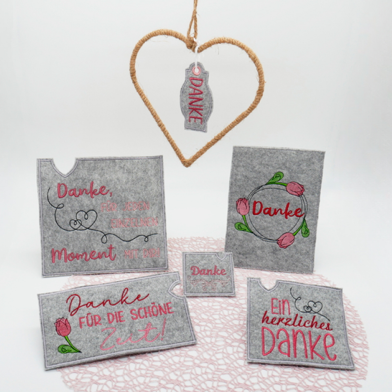 Stickdatei Set Danke mit ITH Schokohüllen, Anhängern, Grußkarten & Einzelmotiven