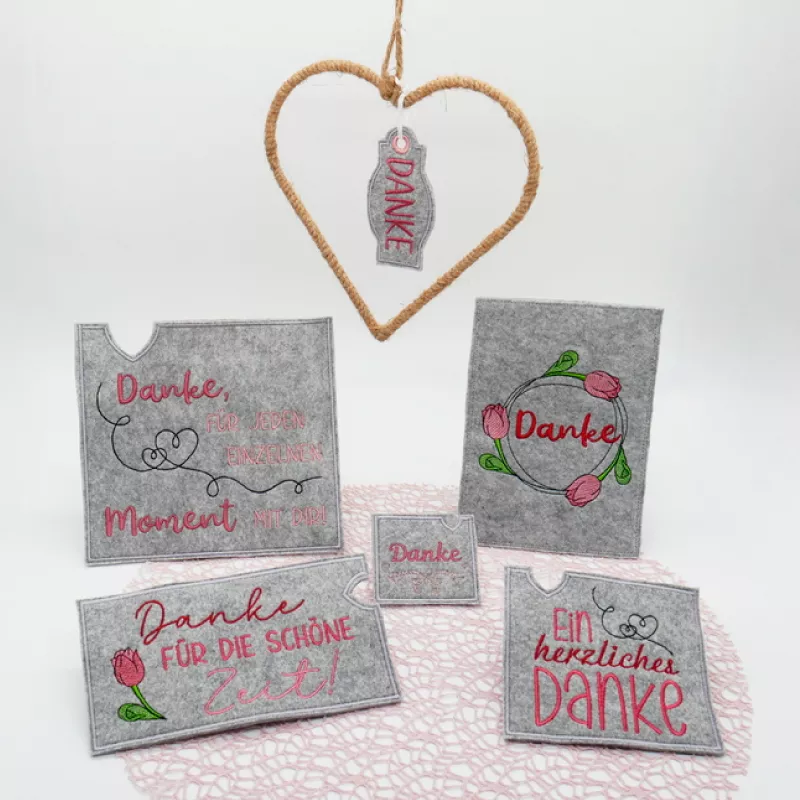 Stickdatei Set Danke mit ITH Schokohüllen, Anhängern, Grußkarten & Einzelmotiven