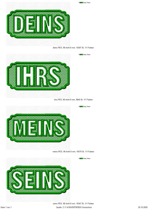 Preview: Freebie Stickdatei Set Handtuchmotive, Zählpixel VG Wort. Vier Abbildungen von Schriftzügen in je einem länglichen Rahmen mit schnörkeligen Eckeinbuchtungen (deins/meins/ihrs/seins).