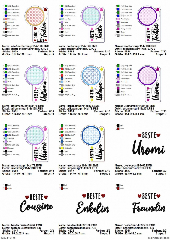 Stickdatei Set "die Besten" mit ITH Mug Rugs, Schokohüllen & Schriftzügen, Übersicht mit 12 Dateien. 8 mal für Tassenteppiche mit darüber hinausgehendem kreisrundem Abstellplatz. diverse Farben/Ornamente diverse Schriftzüge ("Beste Stieftochter/Tochter", 