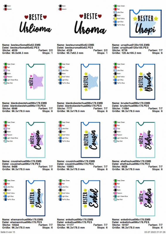 Stickdatei Set "die Besten" mit ITH Mug Rugs, Schokohüllen & Schriftzügen, Übersicht mit 12 Dateien. 2 mal für Schriftzug "Beste Urlioma/Uroma" mit Herzchen. 10 mal für Hüllen mit Motiv und Schriftzug "Bester Uropi/Bruder/Cousin/Ehemann", außerdem "Beste 