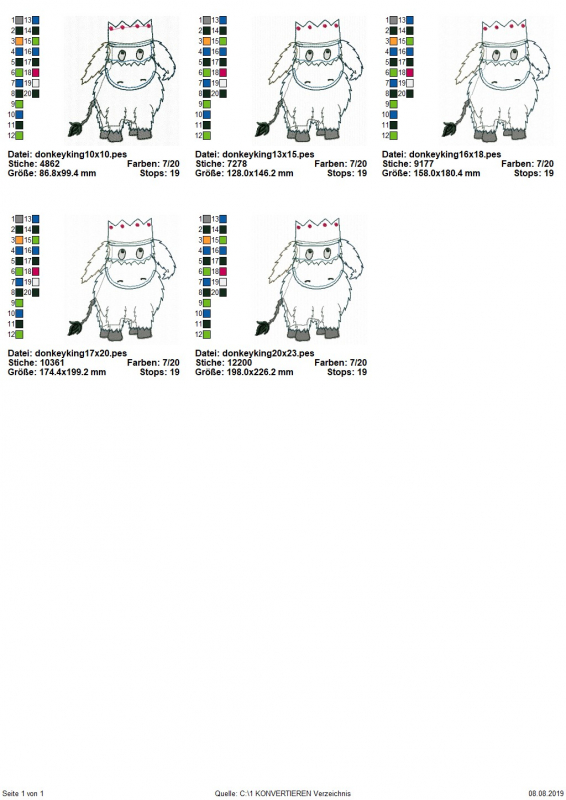 Preview: Stickdatei Donkeyking Carlos Doodle Applikation in 5 Größen, Übersicht mit 5 Dateien. Esel mit Krone auf dem Kopf.