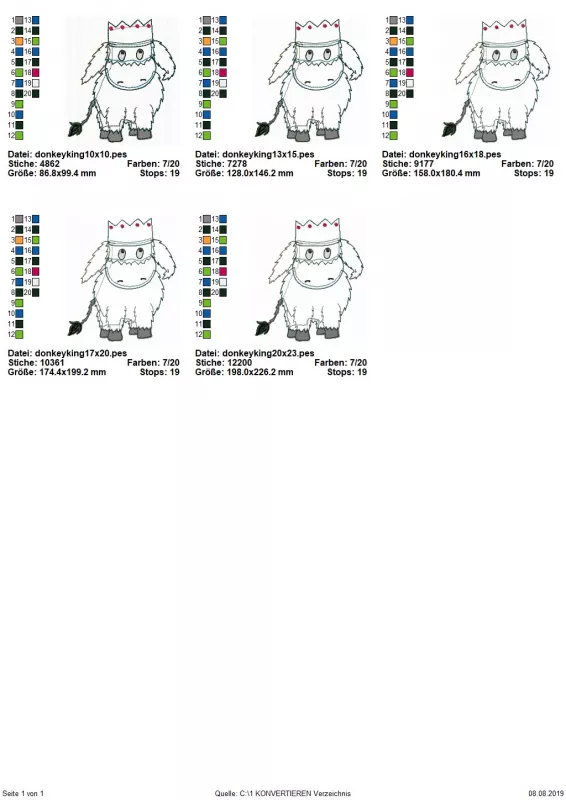 Stickdatei Donkeyking Carlos Doodle Applikation in 5 Größen, Übersicht mit 5 Dateien. Esel mit Krone auf dem Kopf.