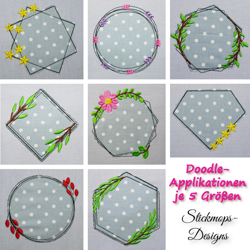 Preview: Stickdatei Set Floral Frames Doodle Applikationen