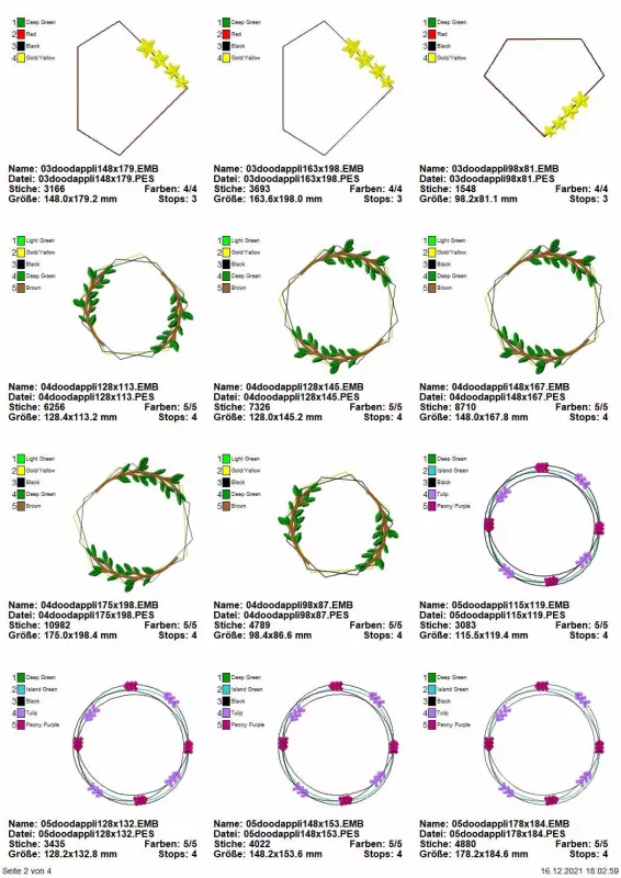 Stickdatei Set Floral Frames Doodle Applikationen, Übersicht mit 12 Designs. 2 mal unregelmäßiges Fünfeck mit Sternen; 1 mal Diamantform mit Sternen; 5 mal Rund-Eck mit Blüte/Blättern; 4 mal rund mit Fruchtzweigen.