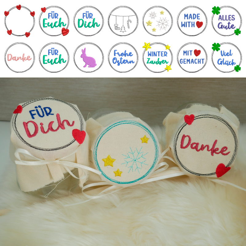 Preview: Stickdatei Set Buttons für Marmeladengläser & Co.