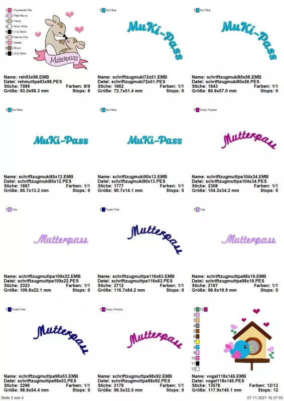 Stickdatei Set ITH Mutterpass-Hüllen für DE und AT + Einzelmotive. Übersicht, die 10 mal den Schriftzug "Mutterpass" zeigt, bogenförmig oder geradlinig. Außerdem 1 mal Motiv mit Vogel vor Vogelhaus; 1 mal Motiv mit großem und kleinem Känguruh mit Schriftz