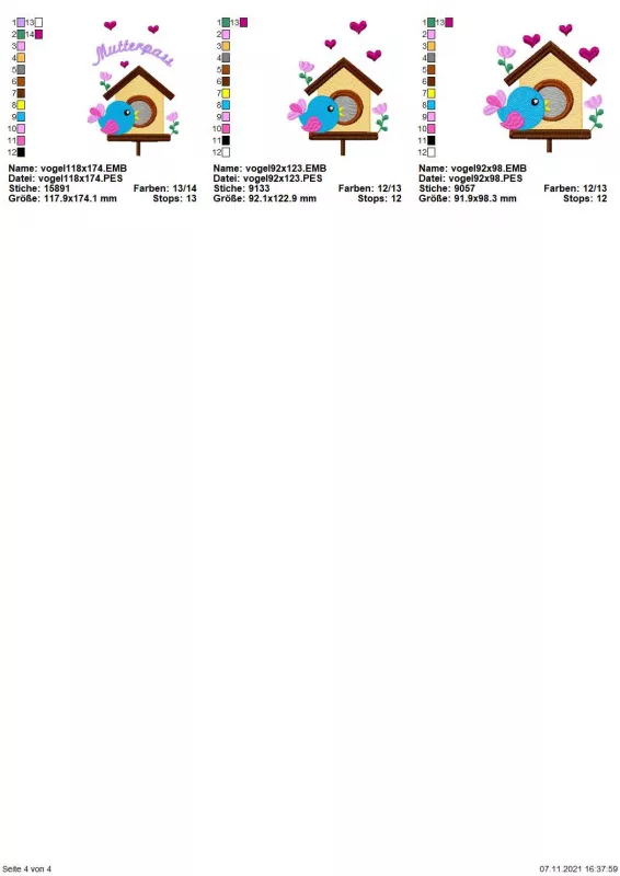 Stickdatei Set ITH Mutterpass-Hüllen für DE und AT + Einzelmotive. Übersicht, die 3 mal das Motiv "Vogel vor Vogelhaus" in verschiedenen Größen zeigt, dabei 1 mal mit Schriftzug "Mutterpass".
