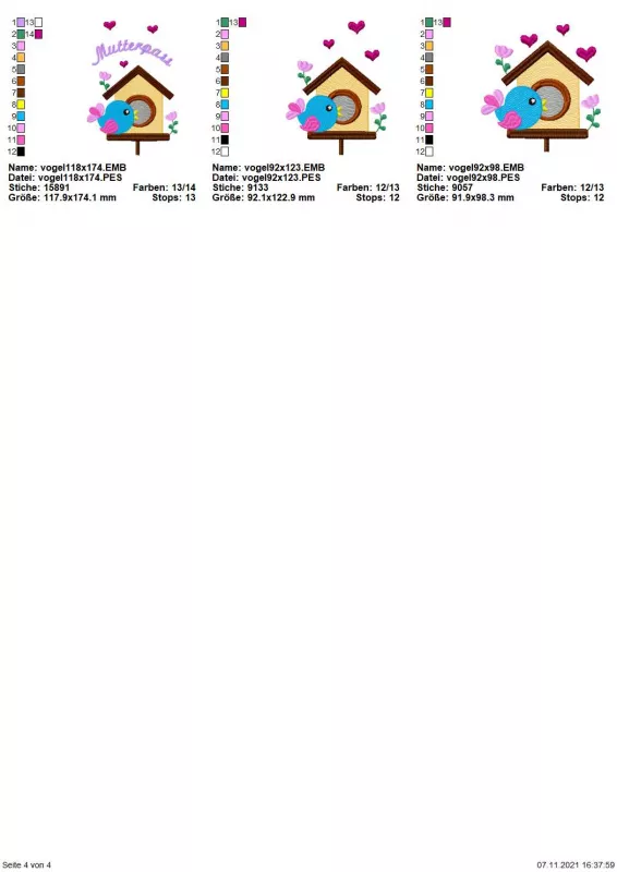 Stickdatei Set Motive zum Thema Mutterpass, Übersicht über 3 unterschiedlich große Motive mit Vogel vor Vogelhaus, einmal mit Schriftzug "Mutterpass".