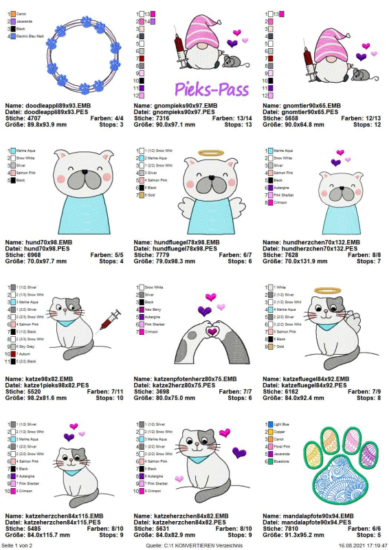 Preview: Stickdatei Set Motive für den HEIMTIERAUSWEIS, Übersicht mit 12 diversen Motiven: 1 mal Kranz mit Pfotenabdrücken; 3 mal Hund in diversen Designs; 4 mal Katze in diversen Designs; 1 mal zwei zueinander gebeugte Katzen; 1 mal bunter großer Pfotenabdruck; 2